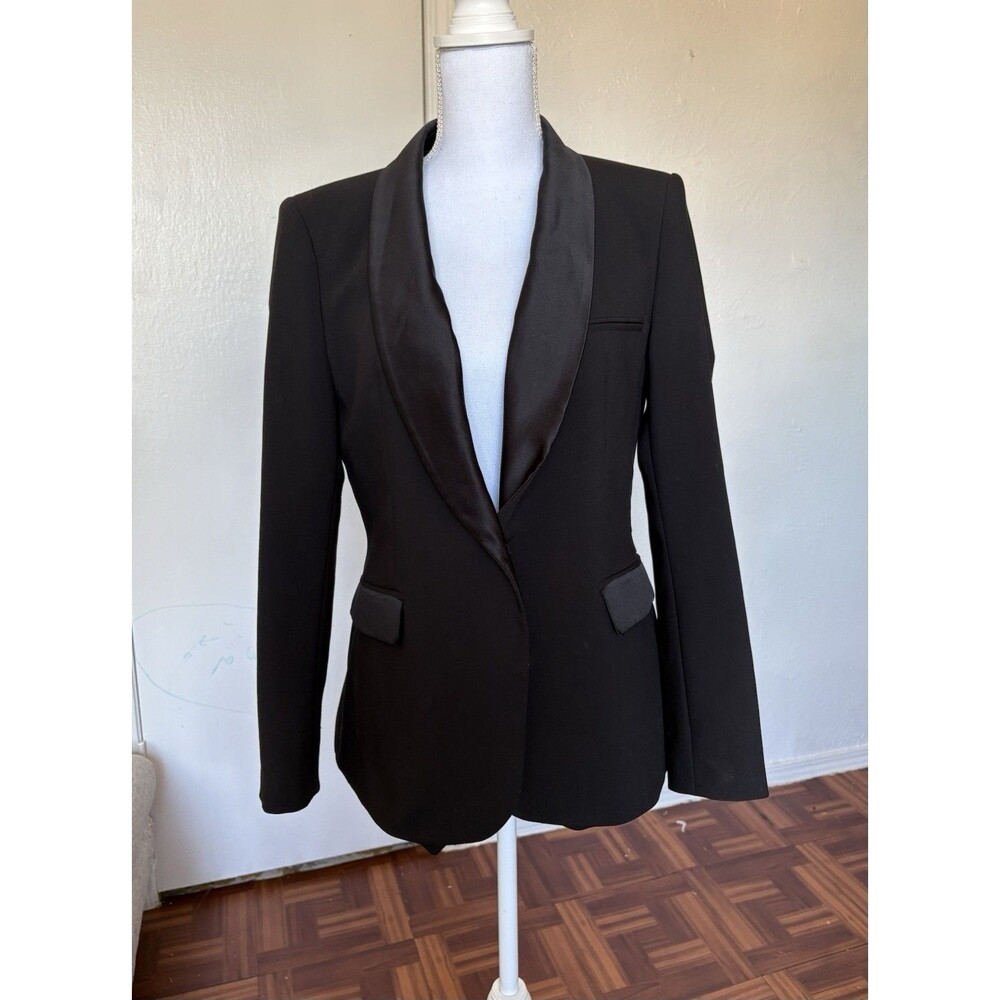 Zara Women’s Black One Button Tuxedo Blazer With Satin Lapel Size Large